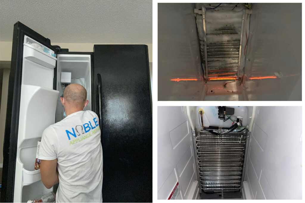 Noble BHS technician inspecting refrigerator after defrosting, considering potential repair costs in home kitchen