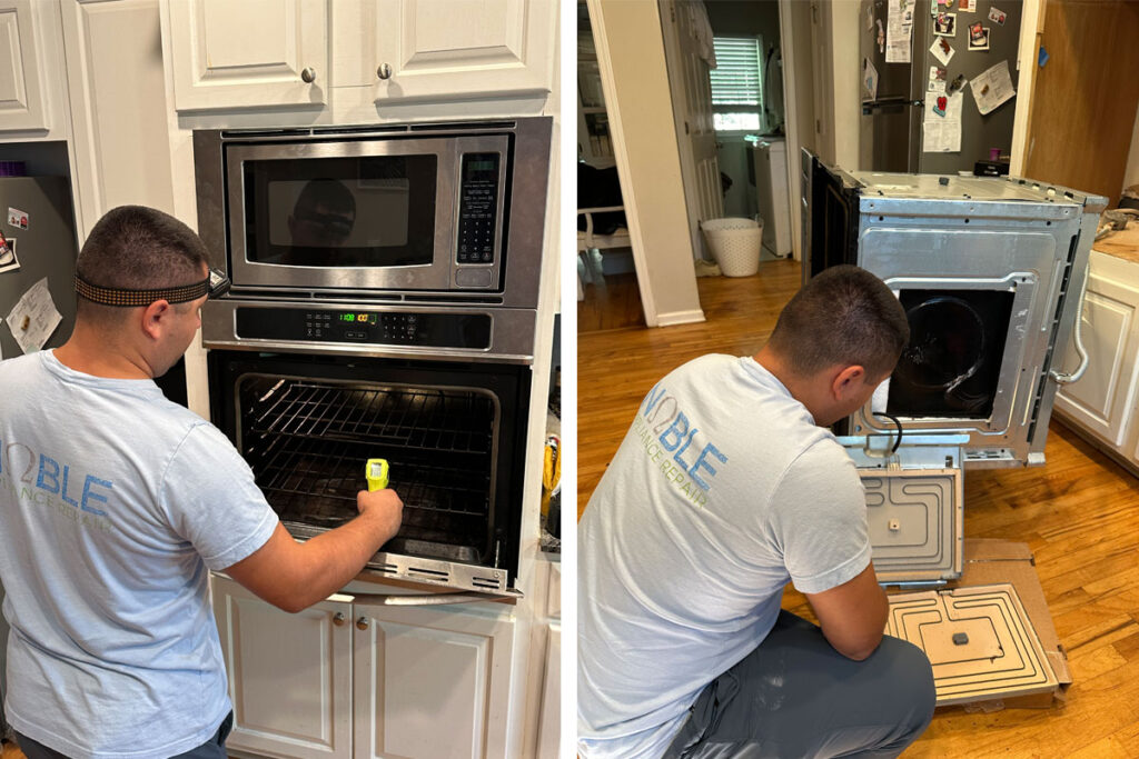 Noble BHS technician repairing Kenmore oven microwave combo in kitchen, evaluating appliance repair costs after malfunction